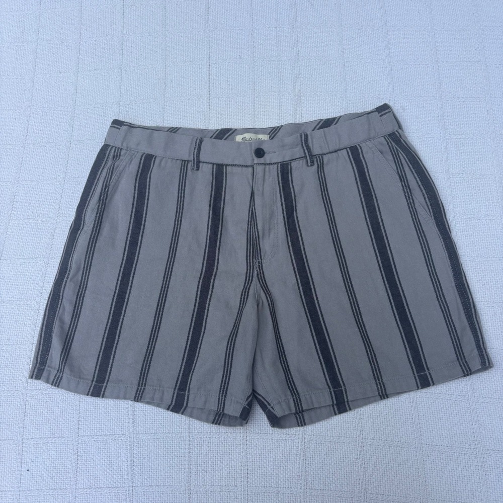 Men's XL MADEWELL Hemp-Cotton Printed Twill Striped Shorts in Black Coal NWT